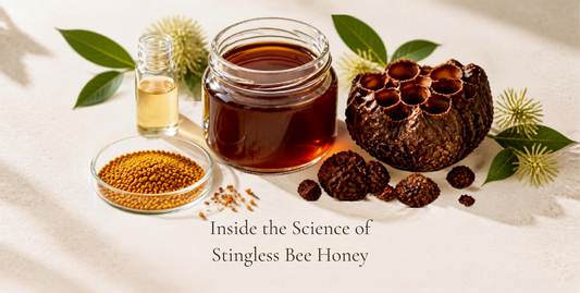 Jar of stingless bee honey with natural ingredients, illustrating research on its health benefits